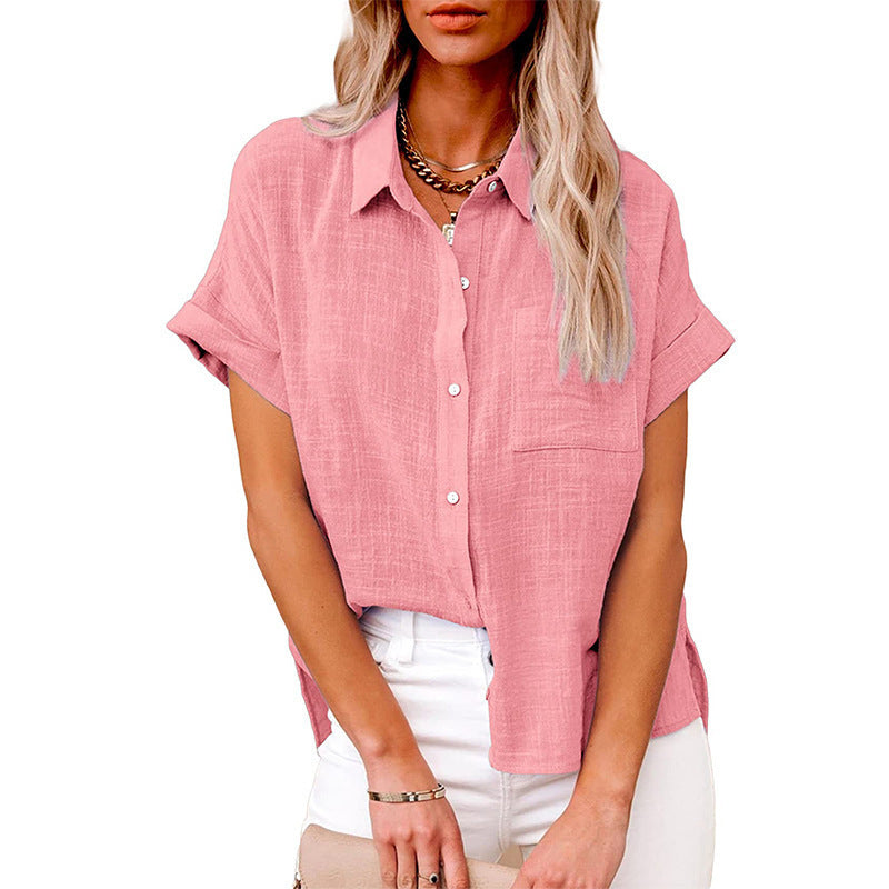 Women’s Cotton Linen Lapel Shirt – Summer Button-Up Casual Top with Pockets