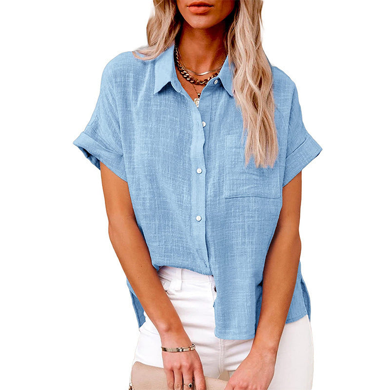 Women’s Cotton Linen Lapel Shirt – Summer Button-Up Casual Top with Pockets