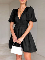 Elegant V-Neck Lantern Sleeve Dress – Women’s Summer A-Line Evening Dress