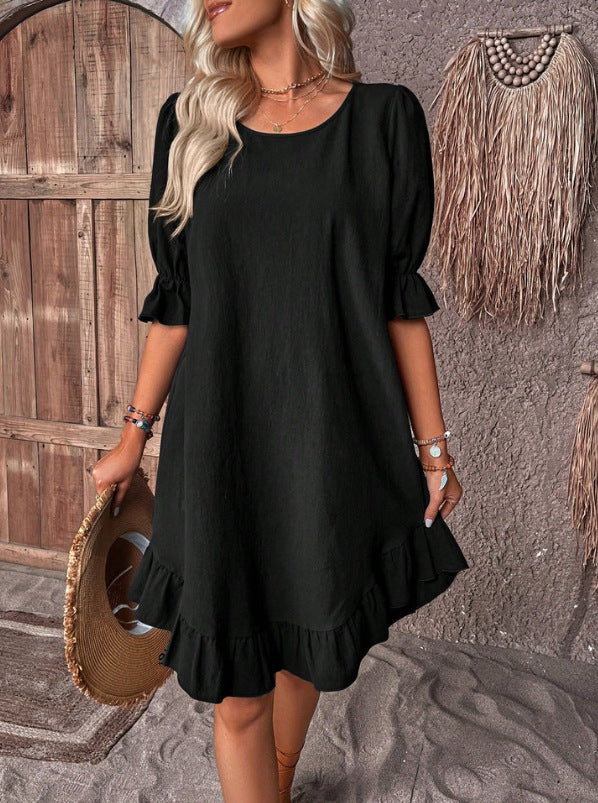 Summer Solid Color Round Neck Loose Straight Dresses
