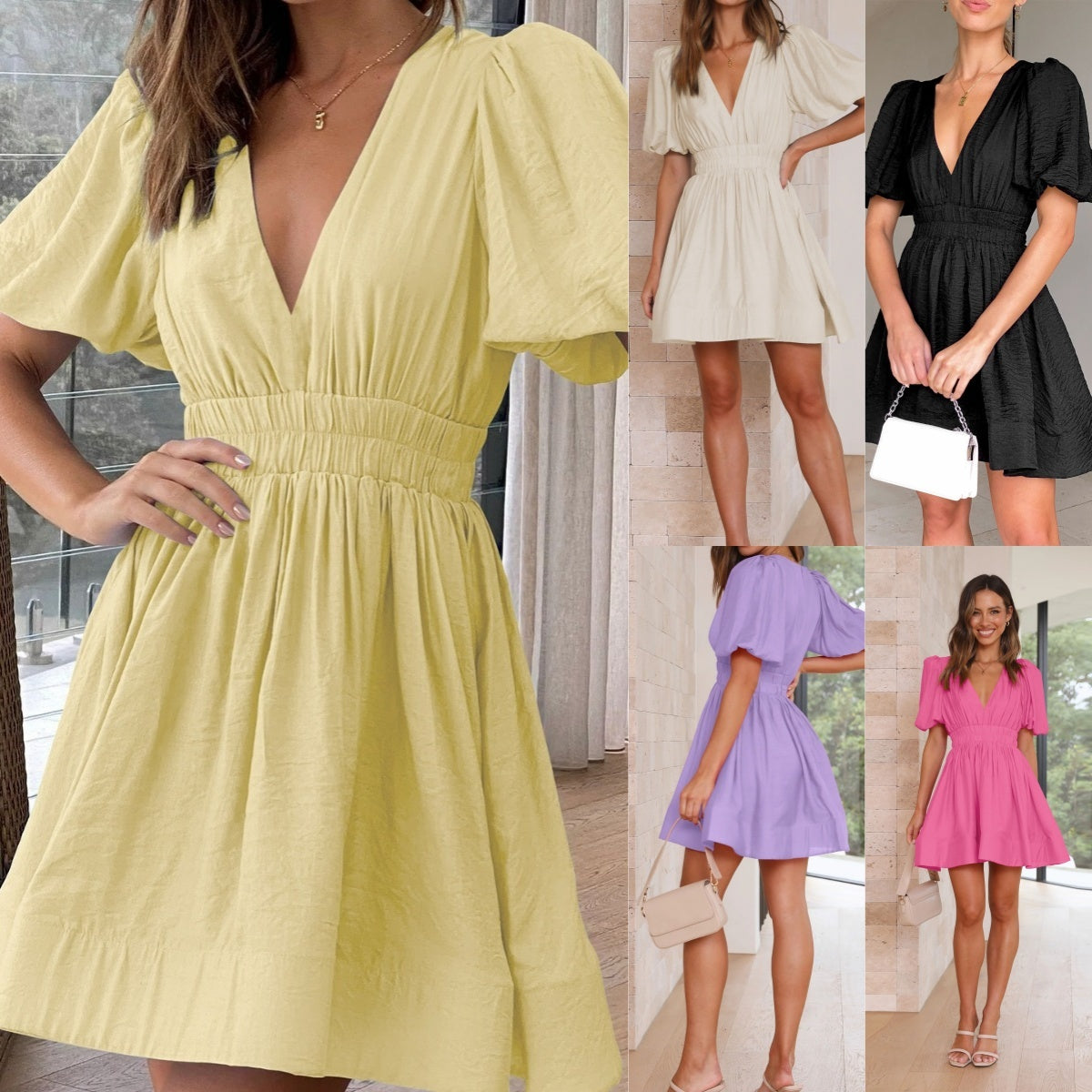 Elegant V-Neck Lantern Sleeve Dress – Women’s Summer A-Line Evening Dress