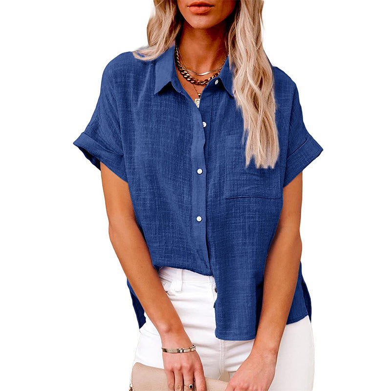 Women’s Cotton Linen Lapel Shirt – Summer Button-Up Casual Top with Pockets