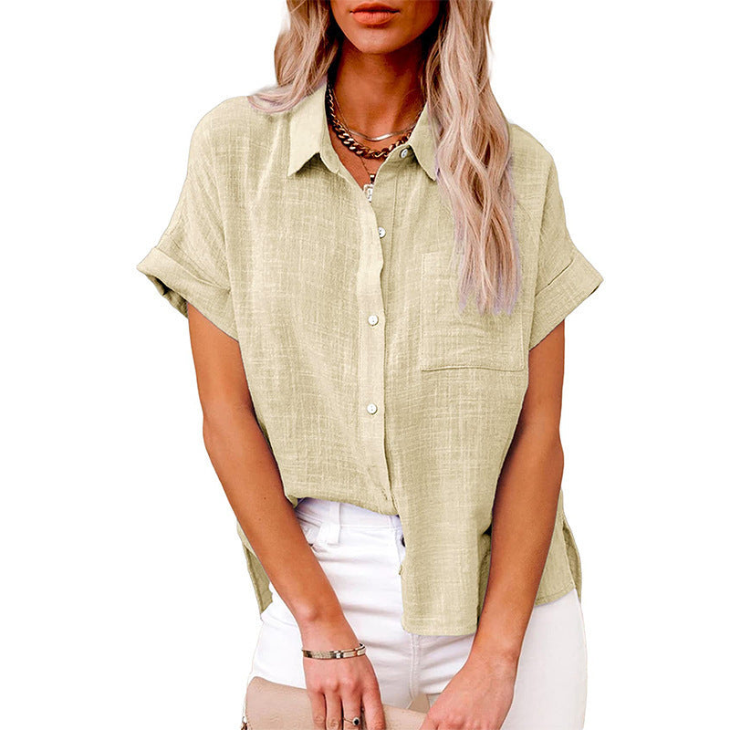 Women’s Cotton Linen Lapel Shirt – Summer Button-Up Casual Top with Pockets
