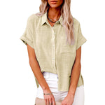 Women’s Cotton Linen Lapel Shirt – Summer Button-Up Casual Top with Pockets