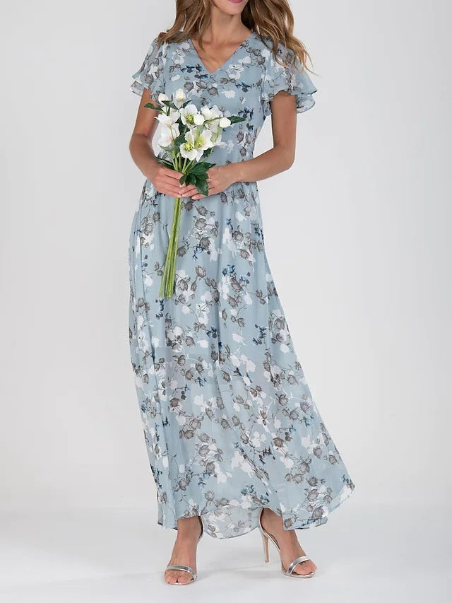 Floral V-Neck Ruffle Dress – Women’s Summer A-Line Beachwear