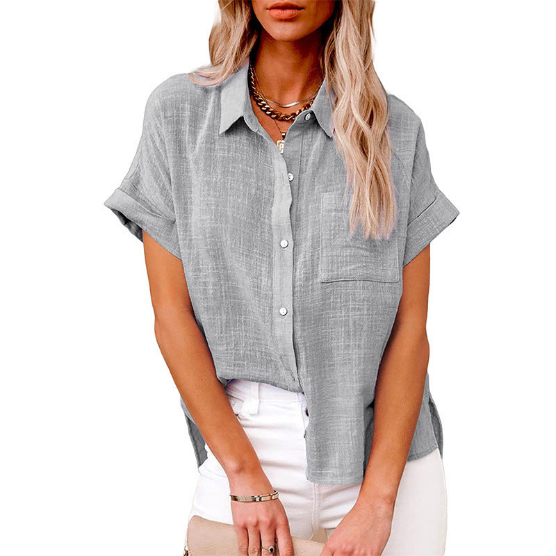 Women’s Cotton Linen Lapel Shirt – Summer Button-Up Casual Top with Pockets