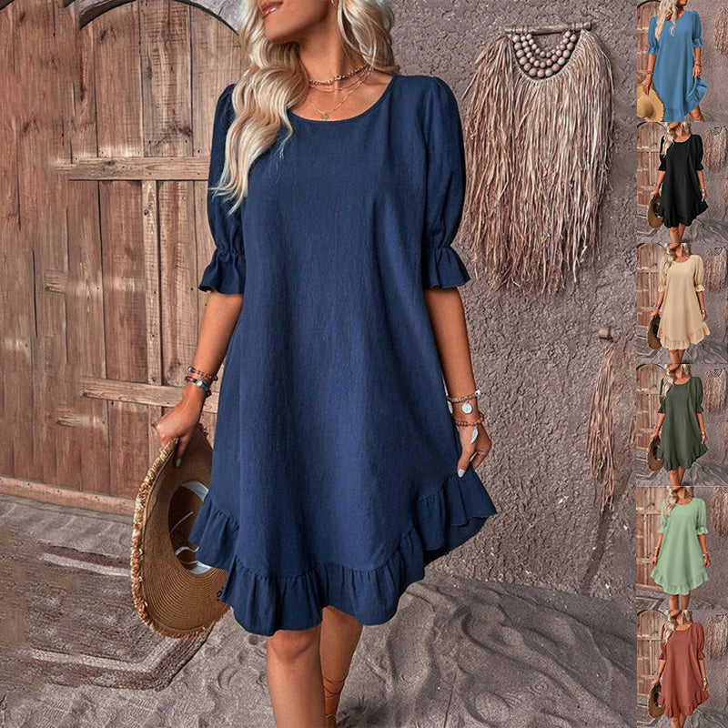 Summer Solid Color Round Neck Loose Straight Dresses