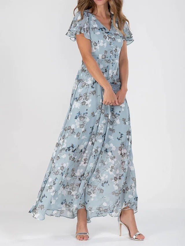 Floral V-Neck Ruffle Dress – Women’s Summer A-Line Beachwear
