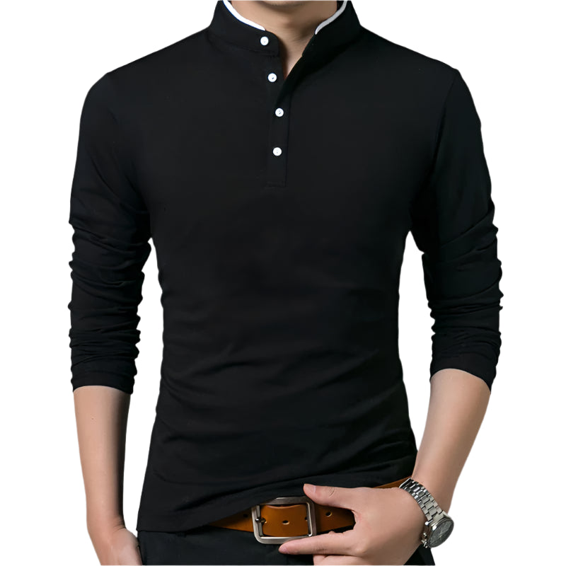 Men's Cotton Collar Full Sleeve T-Shirt – Front View in Solid Black