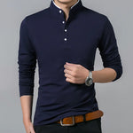 Men's Cotton Collar Full Sleeve T-Shirt – Front View in Solid Navy