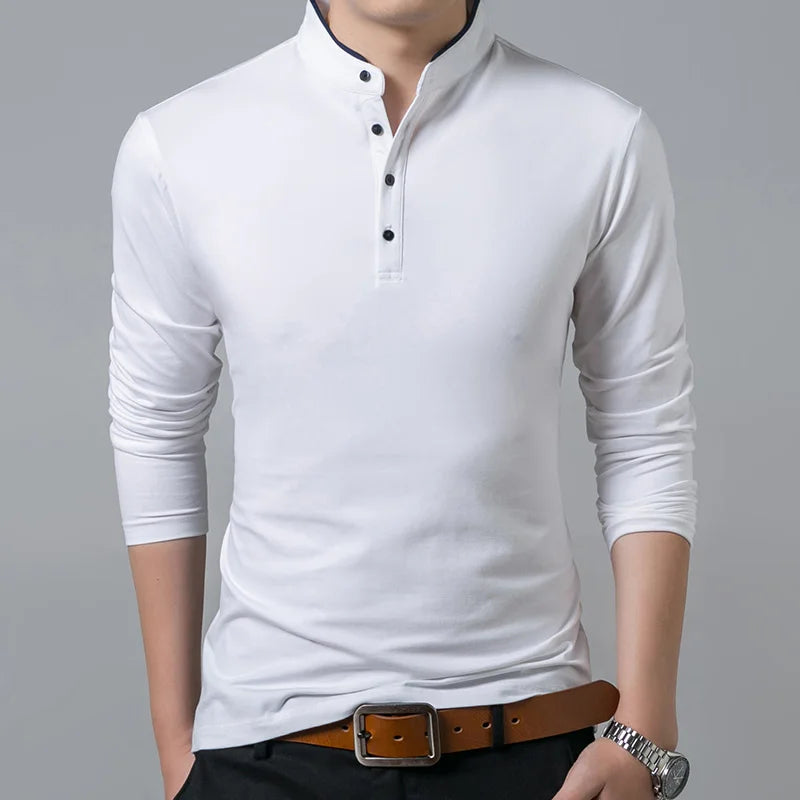 Men's Cotton Collar Full Sleeve T-Shirt – Front View in Solid White