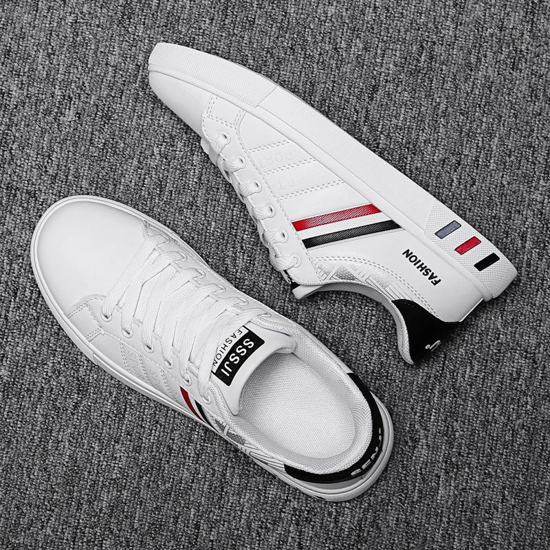 Men's Lightweight Breathable White Leather Sneakers Black White