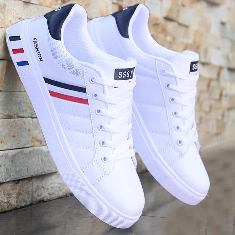 Men's Lightweight Breathable White Leather Sneakers – Front View