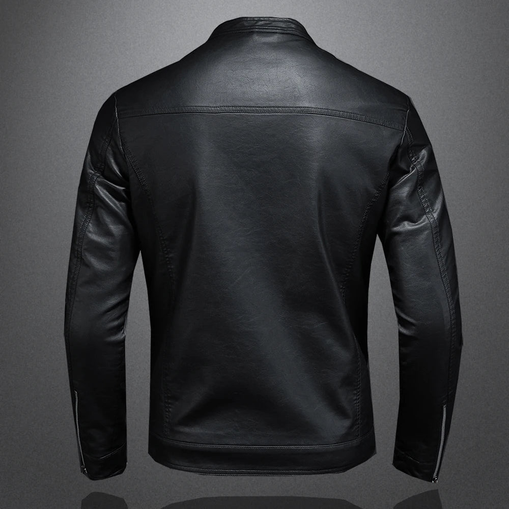 Men's Stand Collar Motorcycle Leather Jacket – Back View