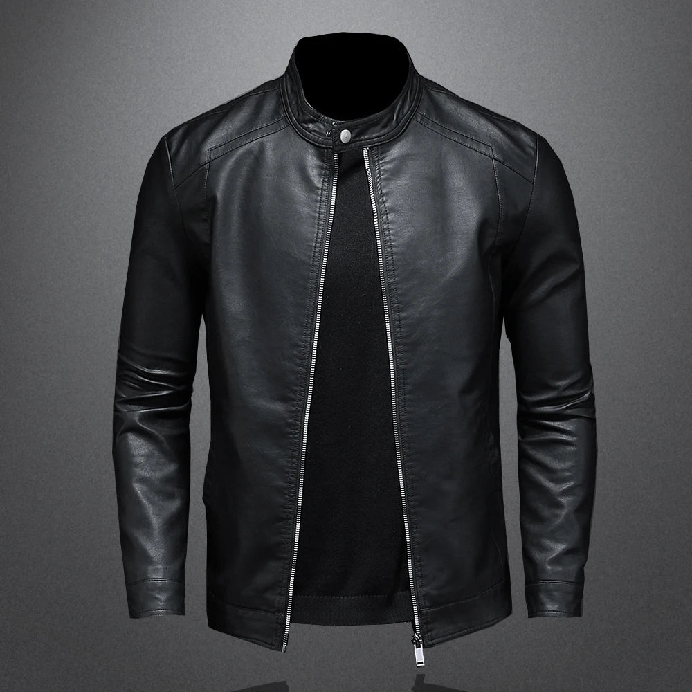 Men's Stand Collar Motorcycle Leather Jacket – Front View
