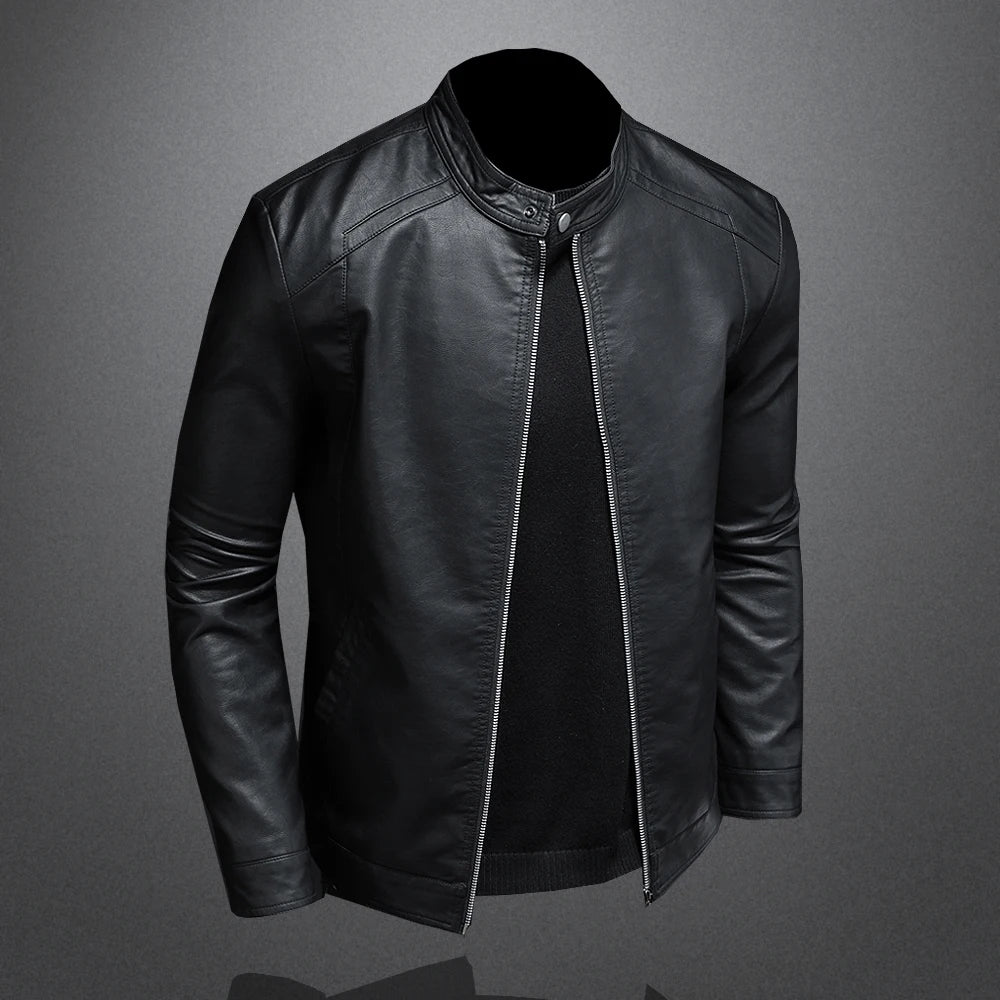 Men's Stand Collar Motorcycle Leather Jacket – Side View