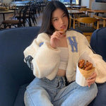 Oversized winter jacket in turn-down collar design with letter pattern