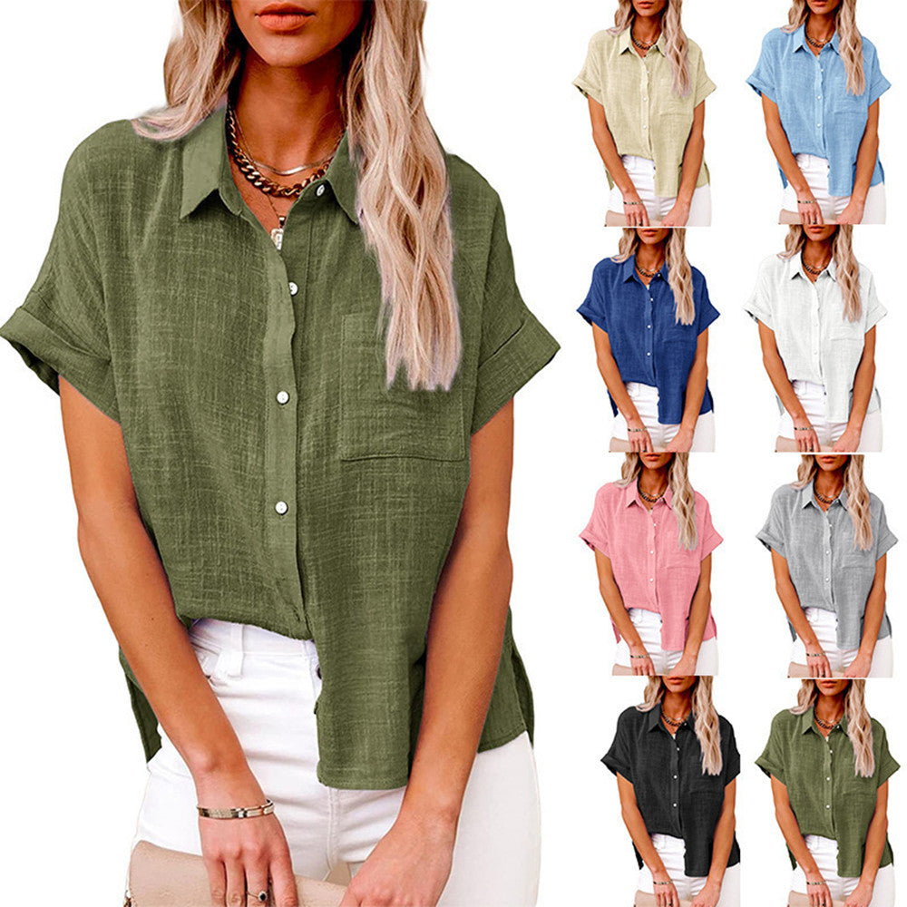 Women’s Cotton Linen Lapel Shirt – Summer Button-Up Casual Top with Pockets