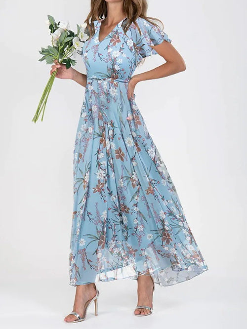 Floral V-Neck Ruffle Dress – Women’s Summer A-Line Beachwear