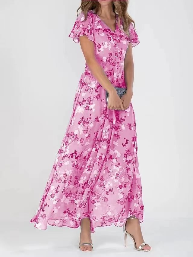 Floral V-Neck Ruffle Dress – Women’s Summer A-Line Beachwear