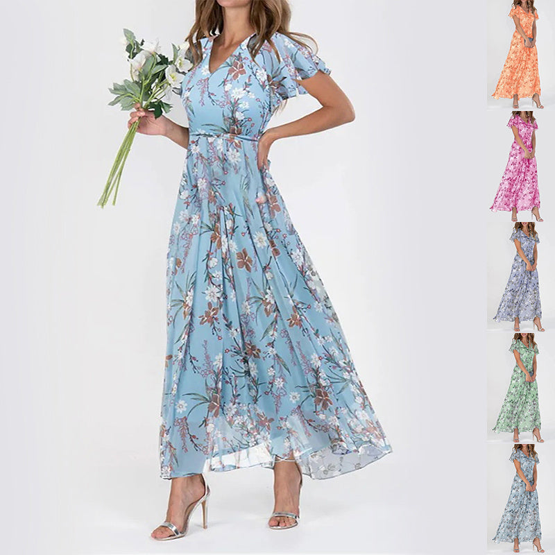 Floral V-Neck Ruffle Dress – Women’s Summer A-Line Beachwear