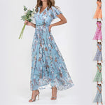 Floral V-Neck Ruffle Dress – Women’s Summer A-Line Beachwear
