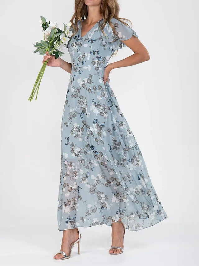 Floral V-Neck Ruffle Dress – Women’s Summer A-Line Beachwear