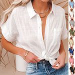 Women’s Cotton Linen Lapel Shirt – Summer Button-Up Casual Top with Pockets