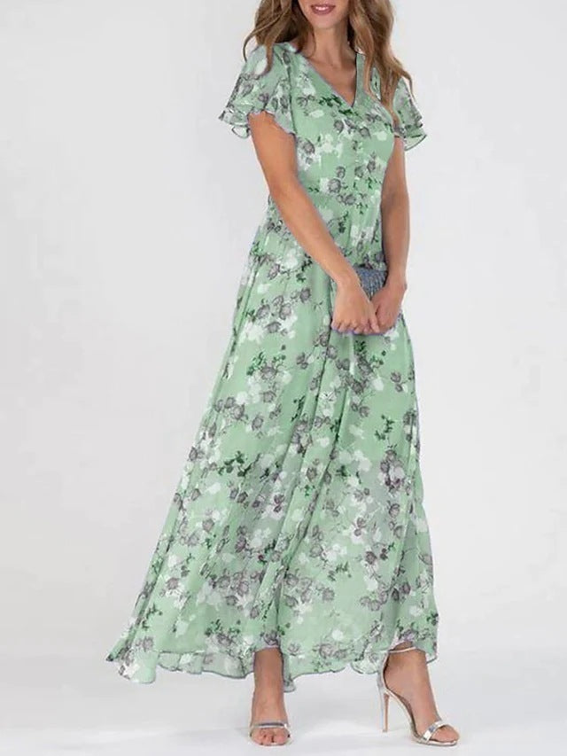 Floral V-Neck Ruffle Dress – Women’s Summer A-Line Beachwear