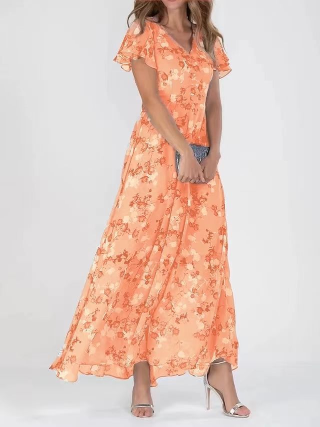 Floral V-Neck Ruffle Dress – Women’s Summer A-Line Beachwear