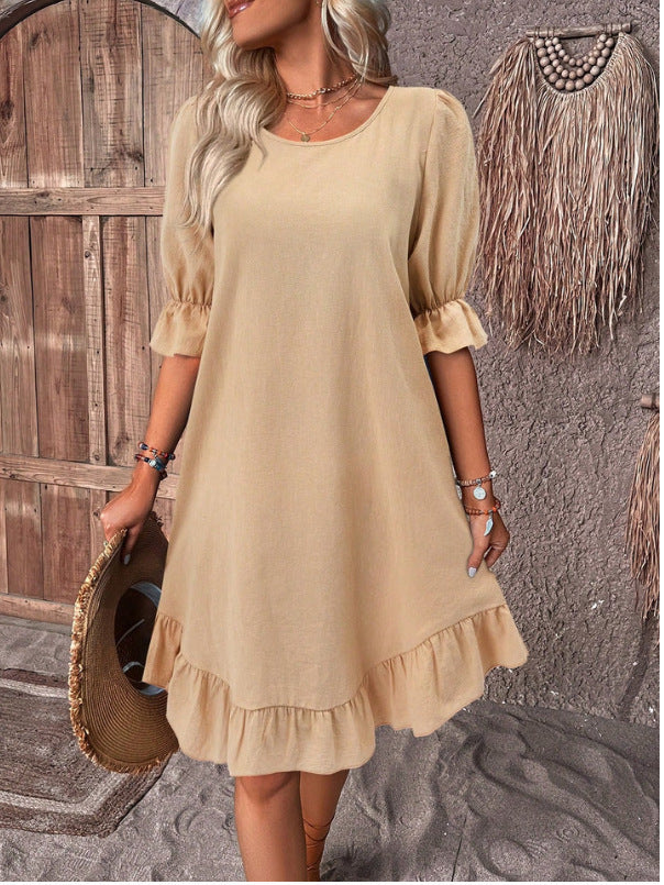 Summer Solid Color Round Neck Loose Straight Dresses
