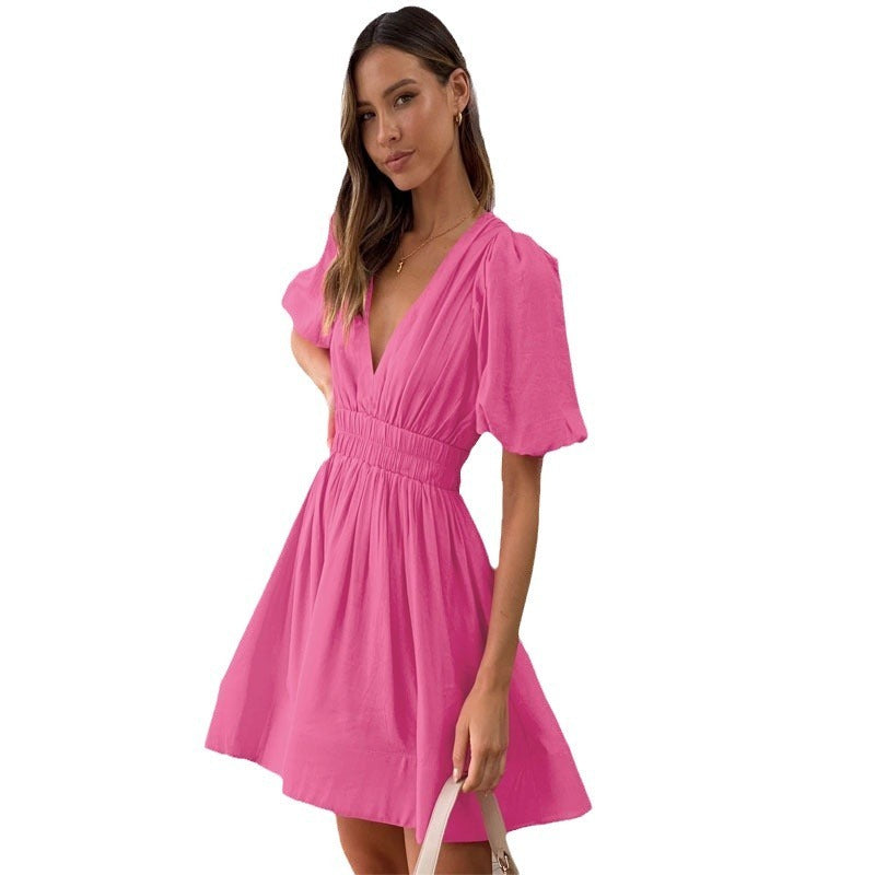 Elegant V-Neck Lantern Sleeve Dress – Women’s Summer A-Line Evening Dress