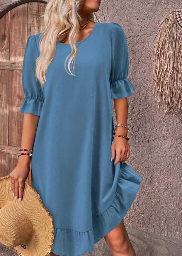 Summer Solid Color Round Neck Loose Straight Dresses