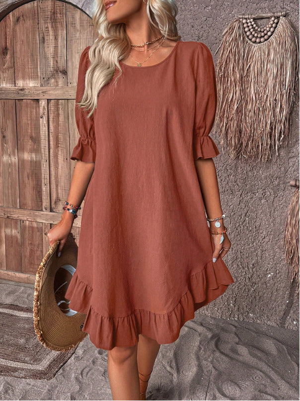 Summer Solid Color Round Neck Loose Straight Dresses