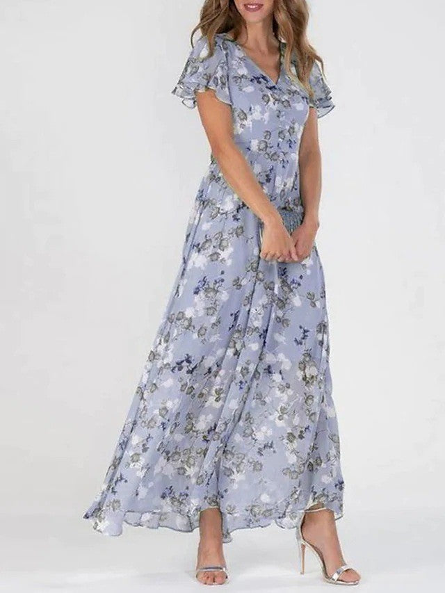 Floral V-Neck Ruffle Dress – Women’s Summer A-Line Beachwear